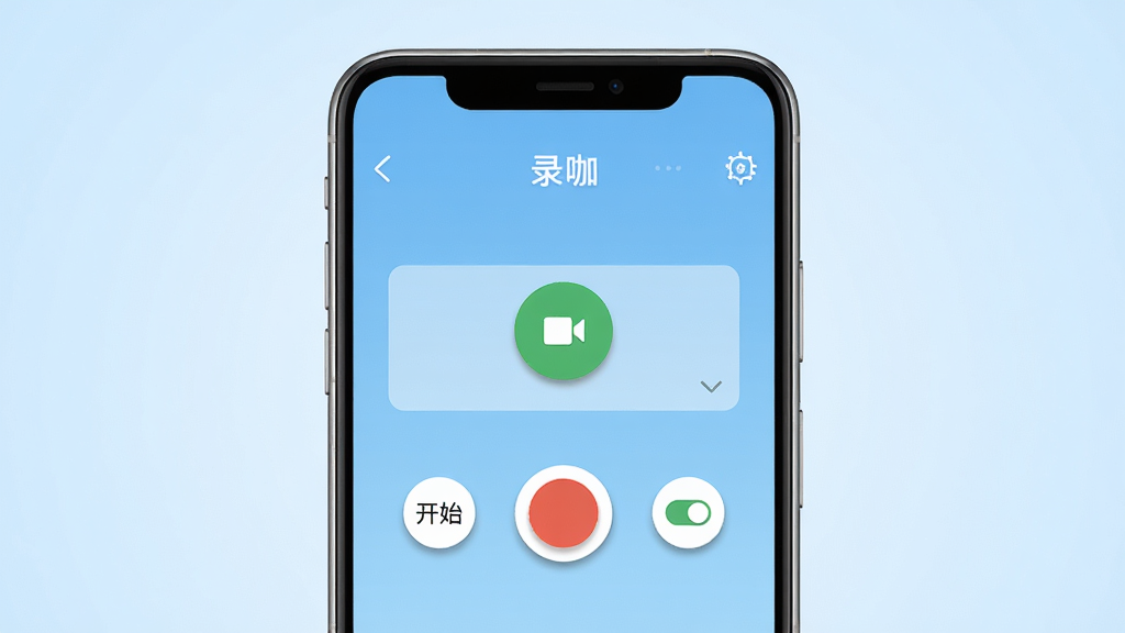 录咖手机应用主界面展示,主体为一部安卓手机屏幕,屏幕中显示录咖APP的录制控制面板,包含开始录制按钮、分辨率选项、音频来源切换图标。布局为居中手机正面视图,背景为浅蓝色渐变干净背景。排版简洁,风格为现代扁平化UI展示。细节:手机边框金属质感,屏幕内图标清晰锐利,按钮带有轻微投影。画质高清,画面干净,无多余元素。