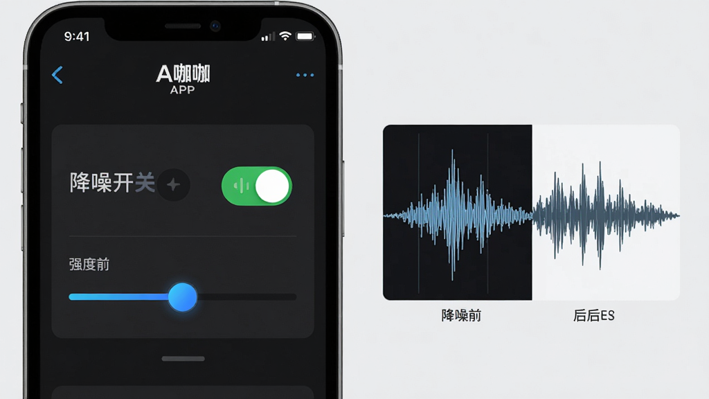 录咖AI降噪功能示意图,主体为录咖APP内音频设置面板,面板中显示降噪开关按钮和强度调节滑块,旁边有波形对比示意图展示降噪前后的音频差异。布局为手机屏幕局部放大展示,背景为浅灰色简洁背景。排版对称,风格为功能演示类信息图。细节:波形线条清晰,滑块带有蓝色高亮,开关按钮为绿色激活状态。画质高清,画面干净,无多余元素。
