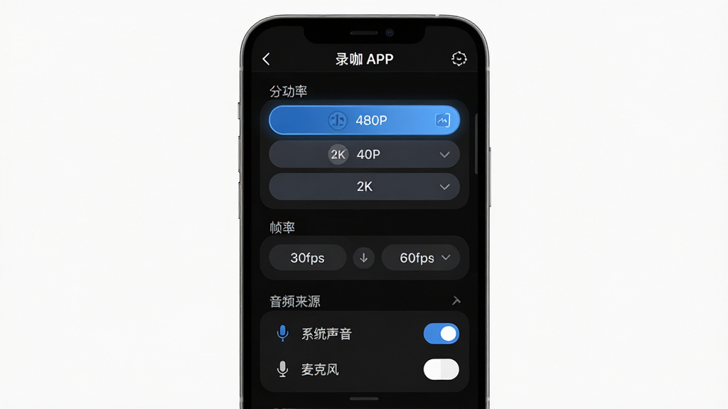 录咖高清录制功能展示图,主体为录咖APP的录制设置界面截图,界面中显示分辨率选项列表从480P到2K,帧率选择从30fps到60fps,音频来源勾选框包含系统声音和麦克风。布局为手机屏幕竖向展示,背景为深色模式界面。排版清晰,风格为科技感深色UI。细节:选项按钮有高亮选中状态,文字标注清晰,界面边缘有圆角处理。画质高清,干净利落,无多余元素。