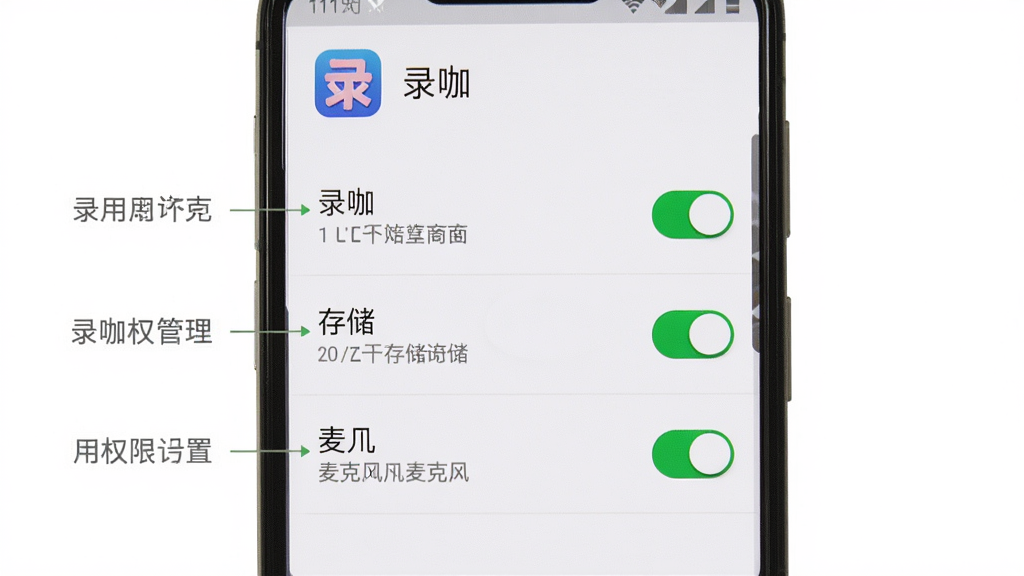 录咖权限设置引导图,主体为安卓手机设置界面截图,展示应用权限管理页面中录咖的悬浮窗、存储、麦克风三项权限开关处于开启状态。布局为手机屏幕竖向展示,背景为系统设置白色界面。排版清晰,风格为教程引导类截图。细节:权限开关为绿色开启状态,每个权限旁边有文字说明,顶部显示录咖应用图标和名称。画质高清,画面干净,无多余元素。