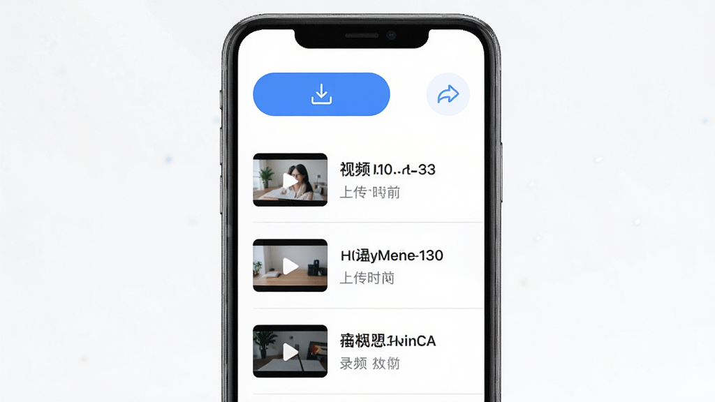 录咖云存储功能展示图,主体为录咖APP的云端文件管理界面,界面中显示视频文件列表,每个文件带有缩略图、文件名、大小和上传时间,顶部有上传按钮和分享图标。布局为手机屏幕竖向展示,背景为白色简洁界面。排版整齐,风格为清爽文件管理类UI。细节:文件图标清晰,上传按钮为蓝色圆形,列表分隔线浅灰。画质高清,画面干净,无多余元素。