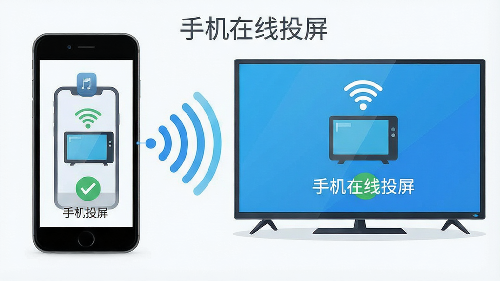 手机在线投屏软件主界面展示,一部智能手机与一台智能电视通过无线信号连接,手机屏幕画面同步显示在电视大屏上,画面中手机与电视之间带有动态信号波纹示意,布局左右对称,排版简洁明了,风格为科技感扁平化插画,细节包含手机图标、电视图标、WiFi信号标识、投屏连接成功对勾,画质高清,干净整洁,无多余元素,图片中文字标注“手机在线投屏”