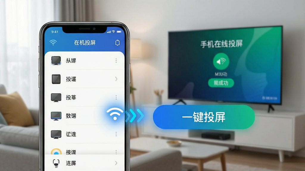 手机在线投屏一键连接功能展示,画面中央一部手机屏幕显示设备列表,列表旁边有醒目的“一键投屏”按钮,背景为客厅环境,电视屏幕亮起显示连接成功画面,布局为手机与电视前后错落排列,排版突出按钮元素,风格为现代简约UI风格,细节包含WiFi图标、设备名称标签、连接动画光效,画质清晰,干净无杂物,图片中文字标注“手机在线投屏”