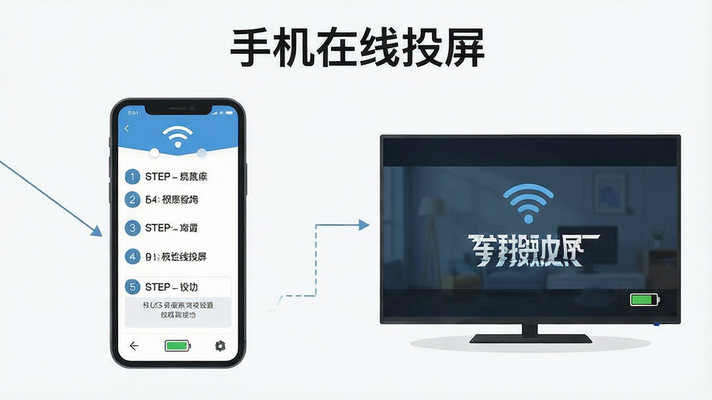 手机在线投屏使用指南示意图,画面中一部手机与电视并排展示,手机屏幕显示操作步骤列表,电视屏幕显示投屏成功画面,布局为左右对比结构,排版清晰有序,风格为扁平化信息图风格,细节包含WiFi信号图标、步骤数字标识、权限设置界面缩略图、电池图标,画质高清,干净整洁,无多余元素,图片中文字标注“手机在线投屏”