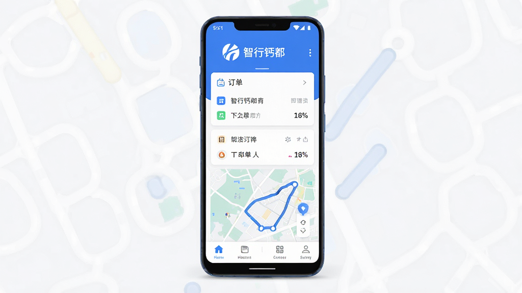 智行钙都手机应用主界面展示,主体为一部竖屏安卓手机,布局为居中放置,排版上方显示应用logo和名称,中间展示订单列表与地图轨迹,底部为功能导航栏,风格为现代简约科技风,细节包括蓝色与白色为主色调、图标清晰、数据卡片整齐排列,画质高清,干净,无多余元素