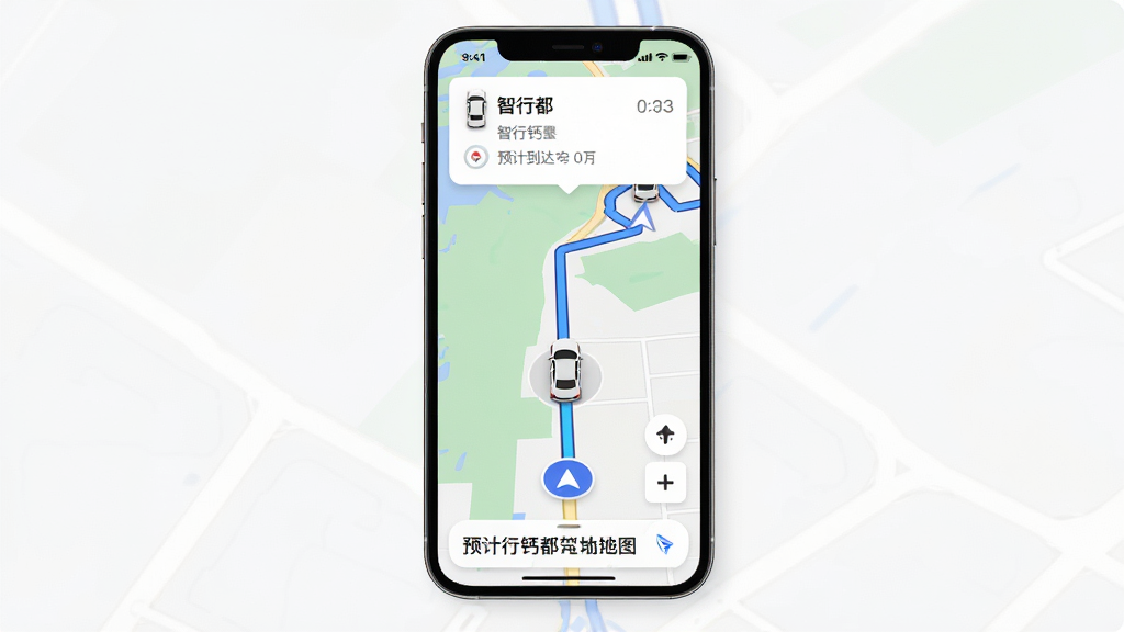 智行钙都实时轨迹地图界面,主体为手机屏幕显示地图与车辆图标,布局为全屏地图上方悬浮信息卡片,排版简洁,风格为现代地图导航风,细节包括蓝色路线轨迹、车辆图标带方向、底部显示预计到达时间,画质高清,干净,无多余元素