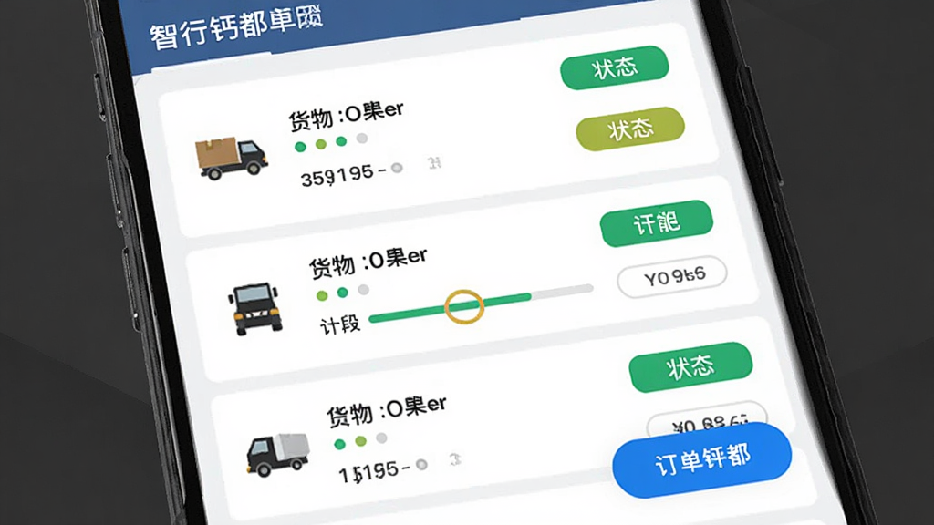 智行钙都订单管理界面,主体为手机屏幕内展示订单卡片列表,布局为上下排列,排版左侧显示货物信息右侧显示状态标签,风格为扁平化商务风,细节包括不同颜色区分订单状态、进度条显示运输阶段、按钮醒目,画质高清,干净,无多余元素