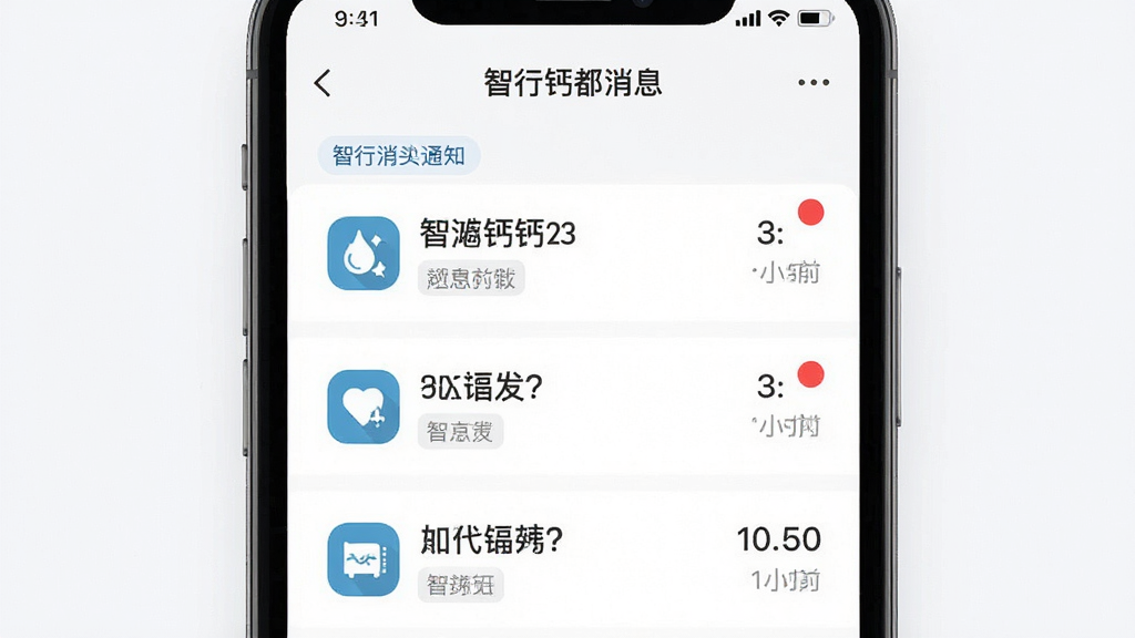 智行钙都消息通知界面,主体为手机屏幕显示消息列表,布局为上下排列,排版每条消息带图标与时间戳,风格为清爽极简风,细节包括未读消息红点、分类标签清晰、文字易读,画质高清,干净,无多余元素
