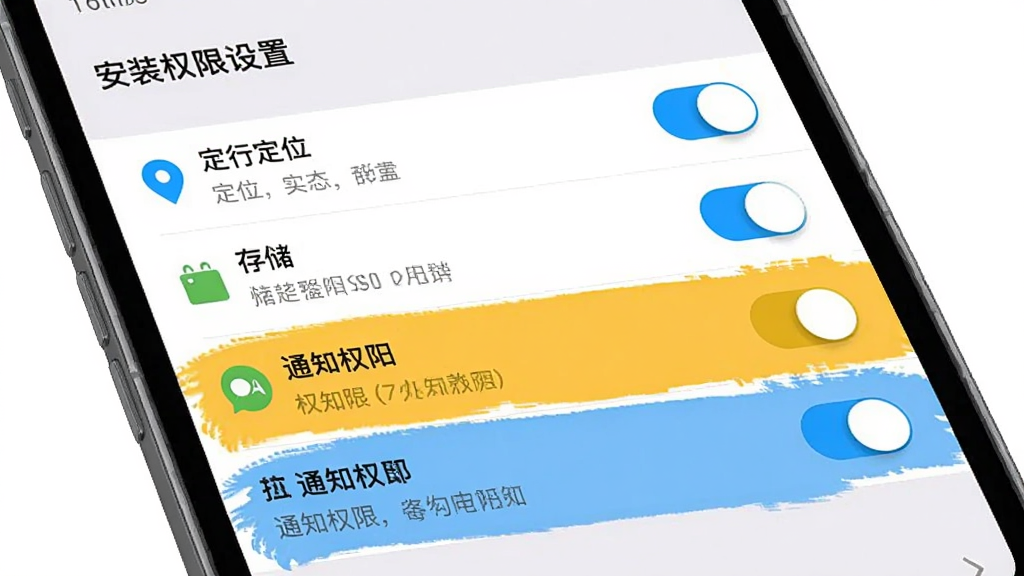 智行钙都安装权限设置示意图,主体为手机屏幕显示权限管理页面,布局为纵向列表,排版每项权限带开关按钮,风格为系统设置原生风,细节包括定位、存储、通知权限高亮标注、文字说明清晰,画质高清,干净,无多余元素