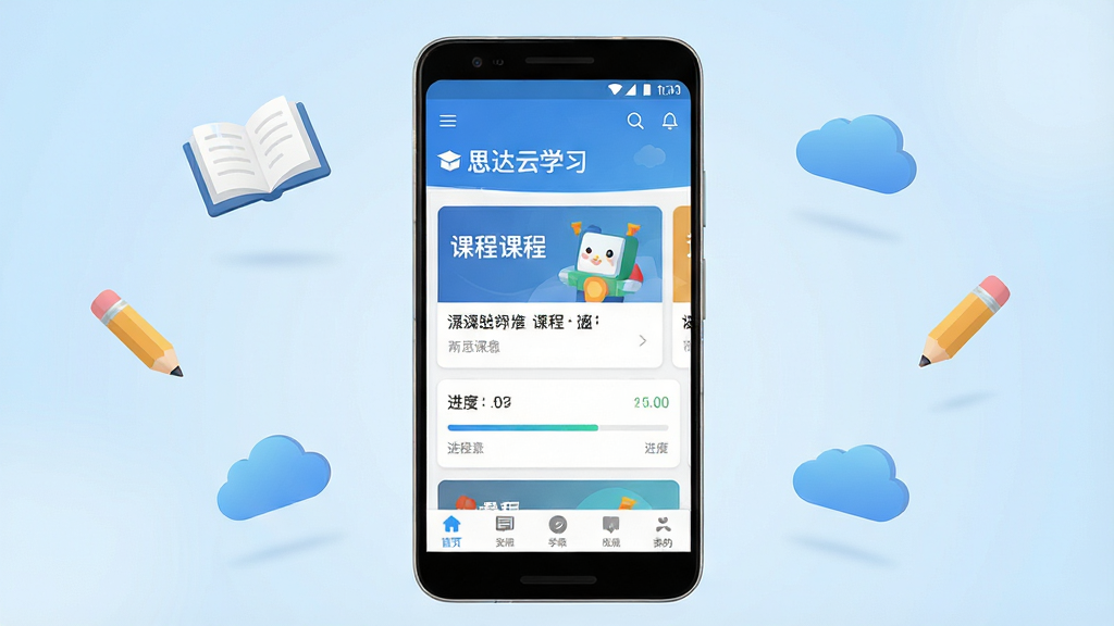 一张整体展示思达云学习核心界面的场景图,画面中央放置一部安卓手机,手机屏幕显示“思达云学习”首页,包含课程卡片、进度条与底部导航栏,背景为淡蓝色渐变,周围漂浮书本、铅笔与云朵图标,布局简洁居中,风格清新教育风,细节清晰,画质干净,无多余元素