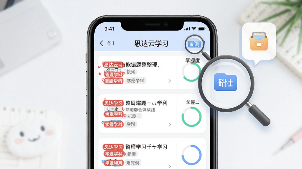 一张展示思达云学习智能错题整理功能的AI生图,画面中心为手机屏幕显示错题本列表,每条错题带有红色标记与学科标签,旁边悬浮放大镜与整理归档图标,布局为上下结构,风格为清爽学习工具风,细节包括重做按钮与掌握度进度环,画质干净,无多余元素