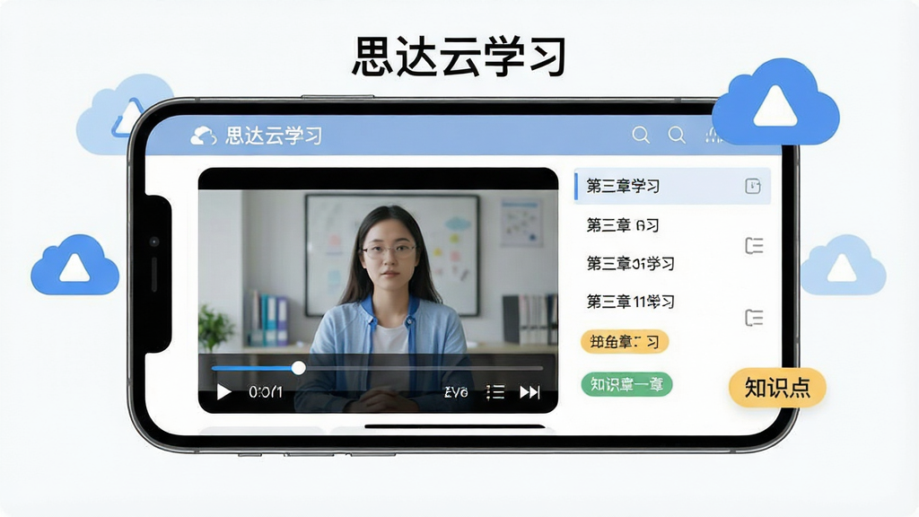 一张展示思达云学习云端课程同步功能的AI生图,画面主体为一部手机横屏显示课程视频播放界面,屏幕上方有“思达云学习”字样,视频窗口周围环绕云盘图标与章节列表,布局采用左右分栏,风格为现代扁平化教育风,细节包括进度条、倍速按钮与知识点标签,画质清晰,干净无多余元素