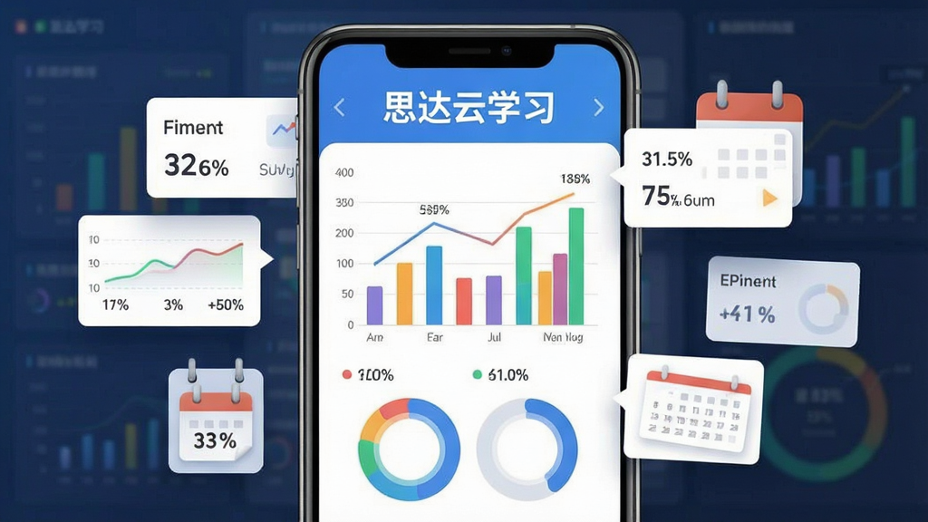 一张展示思达云学习学情数据报告功能的AI生图,画面为手机屏幕显示彩色柱状图与环形图,图表上方有“思达云学习”字样,周围漂浮数据卡片与日历图标,布局为居中仪表盘样式,风格为商务简约教育风,细节包括趋势线与百分比数值,画质清晰,无多余元素