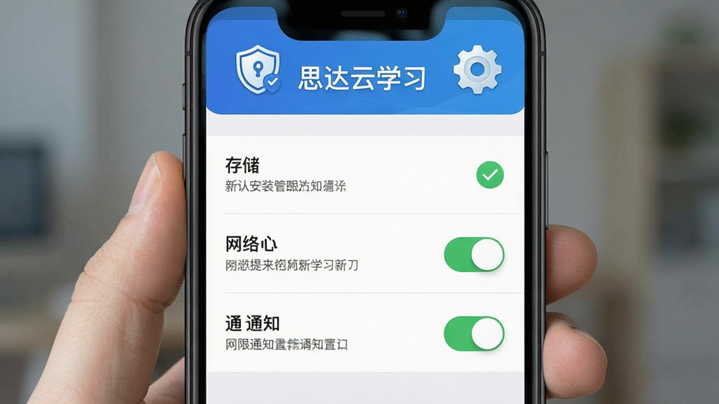 一张展示思达云学习新手安装与权限设置的AI生图,画面为手机屏幕显示权限管理界面,包含存储、网络与通知开关,屏幕上方有“思达云学习”字样,旁边有盾牌与齿轮图标,布局为设置列表样式,风格为安全指引风,细节包括勾选状态与提示文字,画质干净,无多余元素