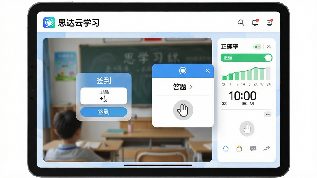 一张展示思达云学习互动课堂工具的AI生图,画面为平板电脑显示直播课堂界面,屏幕中有“思达云学习”标志,画面包含签到按钮、答题器弹窗与举手图标,布局为课堂互动面板样式,风格为活泼在线教育风,细节包括正确率统计条与倒计时,画质干净,无多余元素