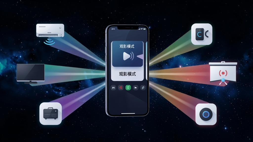 一张展示万能遥控器智享控智能场景联动的图片,画面中一部手机悬浮在中央,屏幕显示“观影模式”场景卡片,手机四周延伸出光线连接到空调、电视、投影幕布等设备图标,布局采用放射状光线连接,风格为未来感光效插画,细节上光线带有渐变色彩,设备图标简约现代,背景为深色星空,画质清晰,干净,无多余元素。