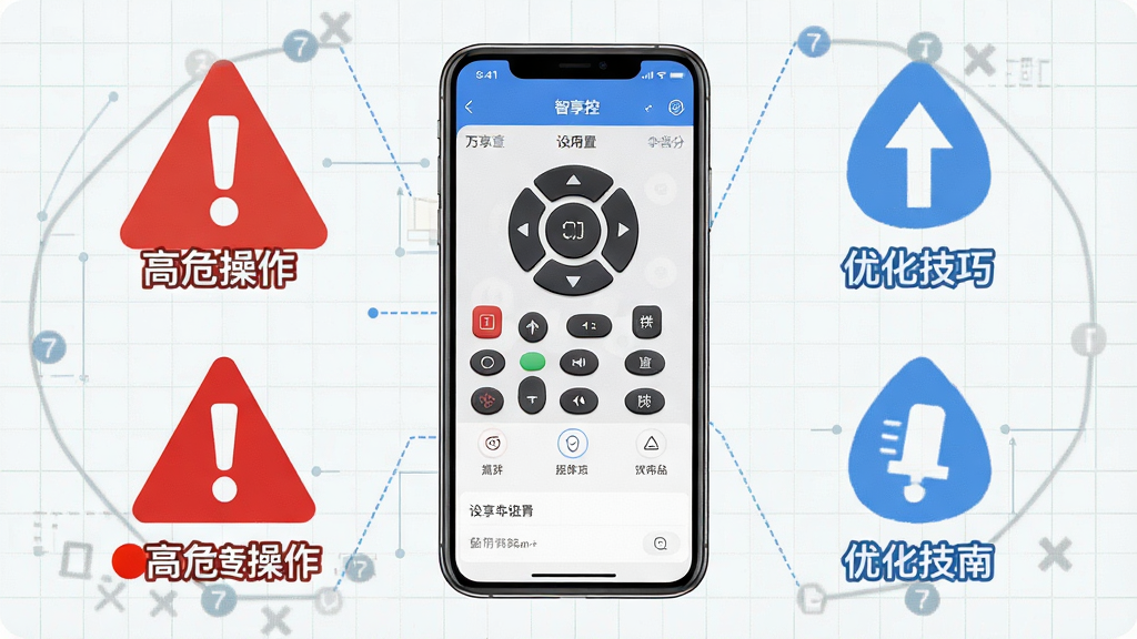 一张展示万能遥控器智享控新手避坑指南的图片,画面中一部手机屏幕显示应用设置界面,旁边有红色警告标志和蓝色提示标志,布局采用手机居中、警示图标环绕的排版,风格为信息图表风,细节上红色标志代表高危操作,蓝色标志代表优化技巧,背景为浅色网格,画质清晰,干净,无多余元素。