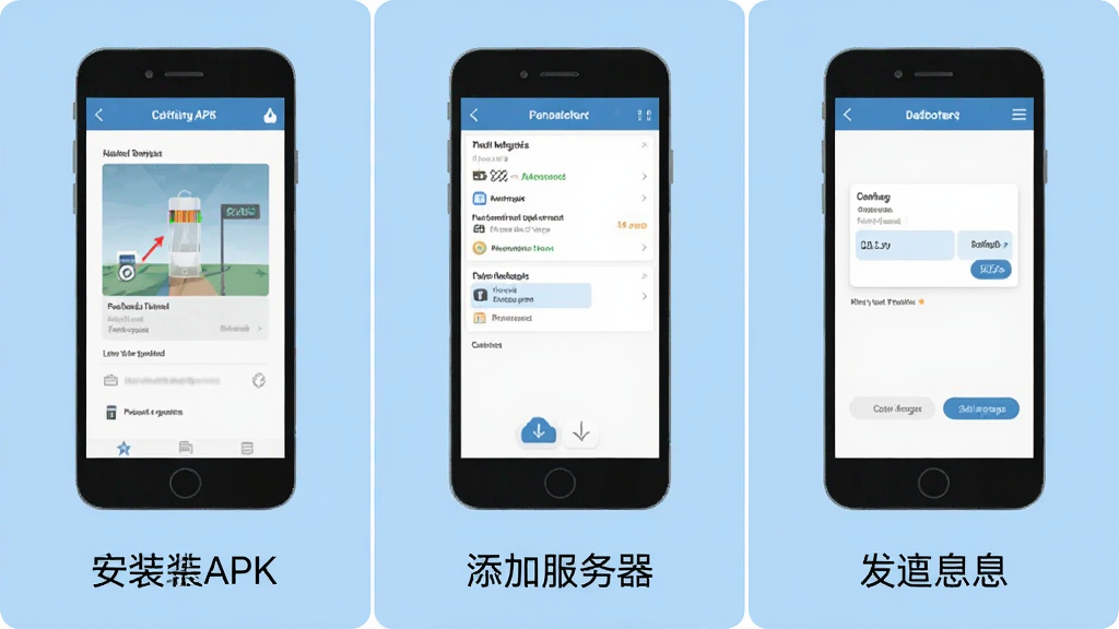 一张展示J2L3x移动端操作步骤的示意图,画面分为三个区域,从左到右依次是安装APK、添加服务器、发送消息的界面简图,每个区域下方有简短文字说明,背景为浅蓝色,风格扁平化信息图,画质清晰,无杂乱元素