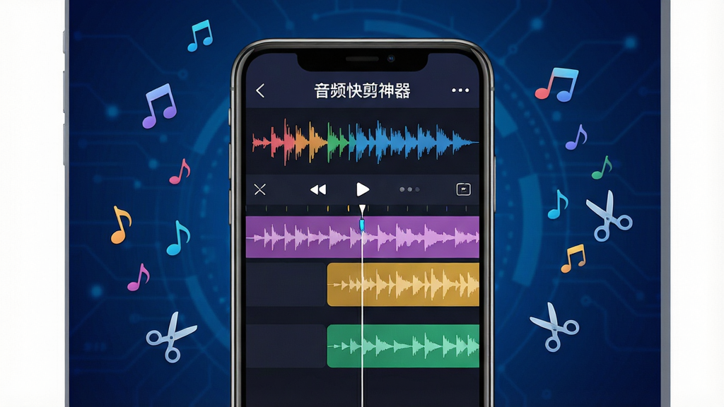 一张展示手机音频编辑界面的场景图,画面中央是一部智能手机,屏幕上显示着音频波形和剪辑轨道,轨道上有多个彩色音频片段,界面顶部有