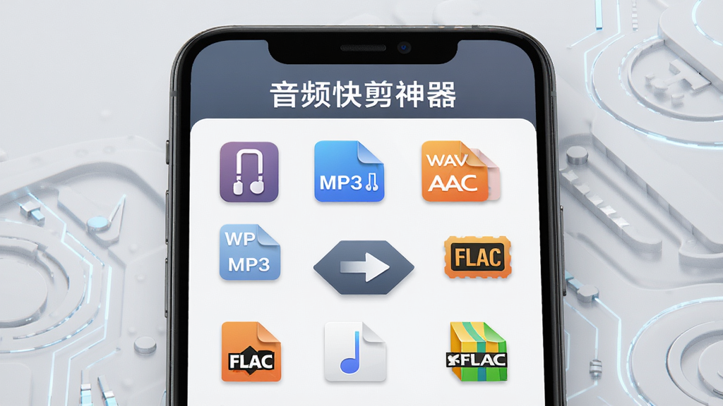 一部手机展示音频格式转换界面,屏幕上排列着MP3、WAV、AAC、FLAC等格式图标,中间有一个转换箭头,顶部显示