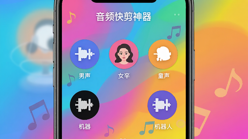 手机屏幕显示音频变声效果选择界面,屏幕上有多个圆形图标分别代表男声、女声、童声、机器人等变声效果,每个图标下方有对应的文字标签,界面顶部显示