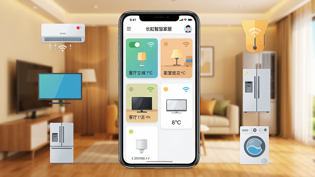 长虹智慧家居APP主界面展示图,画面中央是一部智能手机,手机屏幕上显示长虹智慧家居应用的控制面板,面板上有客厅空调、卧室灯光、客厅电视等设备卡片,卡片显示开关状态和温度数值,手机周围环绕着空调、电视、冰箱、洗衣机等智能家电的简化图标,背景是温馨的现代家居客厅场景,整体布局采用居中构图,风格为扁平化科技风,细节包括设备状态指示灯、WiFi信号图标、用户头像,画质清晰,色彩明亮,干净整洁,无多余元素