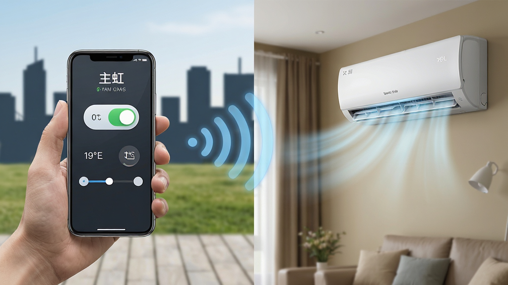 长虹智慧家居远程控制场景图,画面左侧是用户手持手机在户外行走,手机屏幕显示远程控制界面,有空调开关按钮和温度调节滑块,画面右侧是家中空调正在运行的场景,两者之间用信号波纹连接表示远程通信,布局为左右分栏,风格为写实科技风,细节包括手机屏幕上的状态文字、空调出风口冷气效果、户外背景建筑剪影,画质清晰,色彩自然,干净整洁,无多余元素
