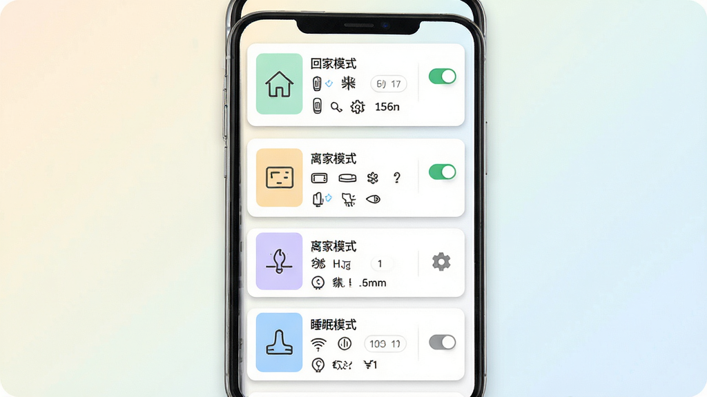 长虹智慧家居场景模式设置界面图,画面展示手机屏幕上的场景编辑页面,页面中有回家模式、离家模式、睡眠模式三个卡片,每个卡片配有对应图标和已绑定设备列表,背景是浅色渐变,布局为垂直列表,风格为清新扁平化UI风,细节包括卡片阴影、开关按钮、设备小图标、时间设置齿轮,画质清晰,界面干净,无多余元素