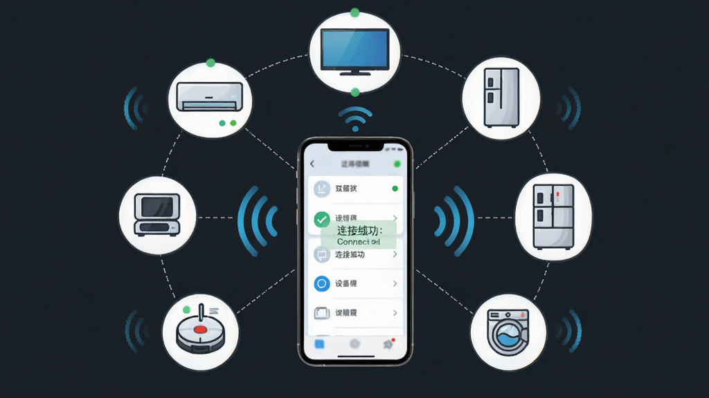 长虹智慧家居设备互联功能展示图,画面中一部手机通过无线网络连接多个智能家电,手机屏幕显示设备列表和连接成功提示,周围环绕空调、电视、冰箱、洗衣机、扫地机器人等设备图标,图标之间有虚线连接表示互联,布局采用环形放射状,风格为简约科技插画风,细节包括WiFi信号波纹、设备状态小圆点、连接动画效果,画质清晰,干净整洁,无多余元素
