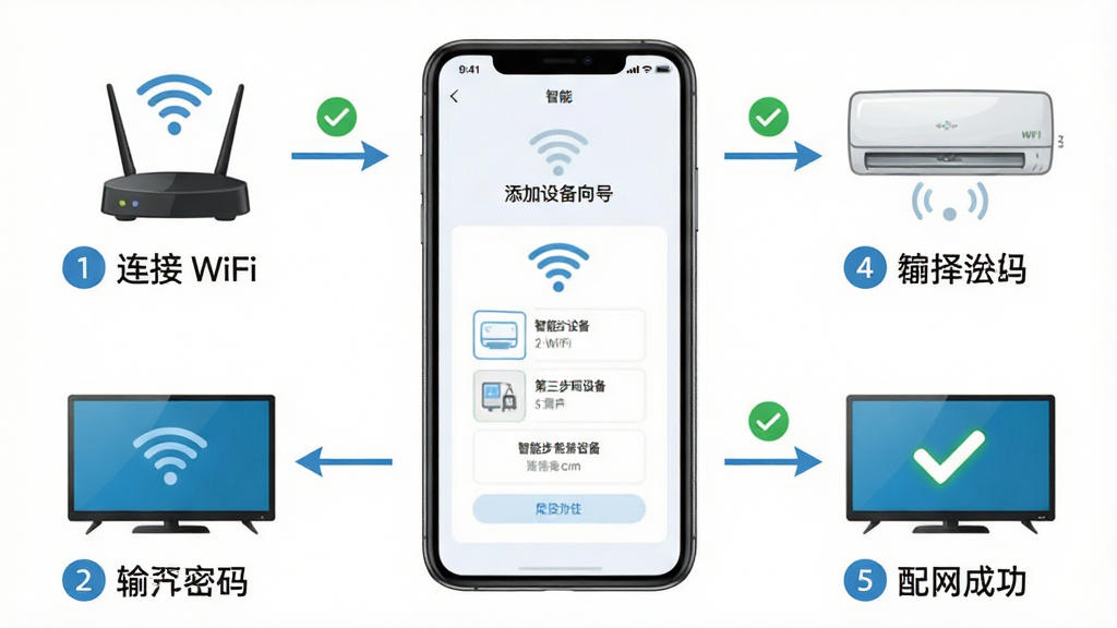 长虹智慧家居新手配网流程图,画面以手机屏幕为中心,屏幕显示添加设备向导界面,周围有路由器、智能空调、智能电视的图标,用箭头标示操作步骤:第一步连接WiFi,第二步选择设备,第三步输入密码,第四步配网成功,布局为流程图式,风格为简洁信息图风,细节包括步骤编号、WiFi信号图标、成功打勾标记,画质清晰,干净整洁,无多余元素