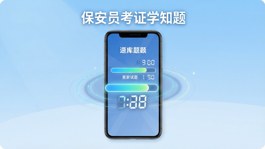 保安员考证学知题题库更新界面展示,画面中央是一部手机,屏幕显示题库更新进度条和已更新试题数量,顶部有保安员考证学知题字样,背景为浅蓝色渐变,布局为居中竖向排版,风格为现代扁平化设计,细节包含进度条发光效果和数字跳动动画感,画质为高清2K,干净无多余元素
