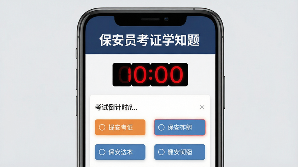 保安员考证学知题模拟考试界面展示,画面中央是一部手机,屏幕显示考试倒计时和选择题选项,顶部有保安员考证学知题文字,背景为淡灰色,布局为上下结构,风格为简约考试系统界面,细节包含计时器红色数字和选项按钮高亮效果,画质为高清2K,干净无多余元素
