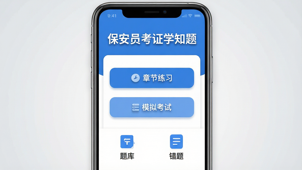 保安员考证学知题手机APP主界面展示,画面中央是一部智能手机,屏幕显示蓝白色调的刷题应用界面,顶部有保安员考证学知题文字标题,中间是章节练习和模拟考试按钮,底部有题库和错题本图标,背景为简洁的浅灰色渐变,布局居中对称,风格为扁平化UI设计,细节包含按钮圆角、图标阴影、文字清晰,画质为高清2K,干净无多余元素