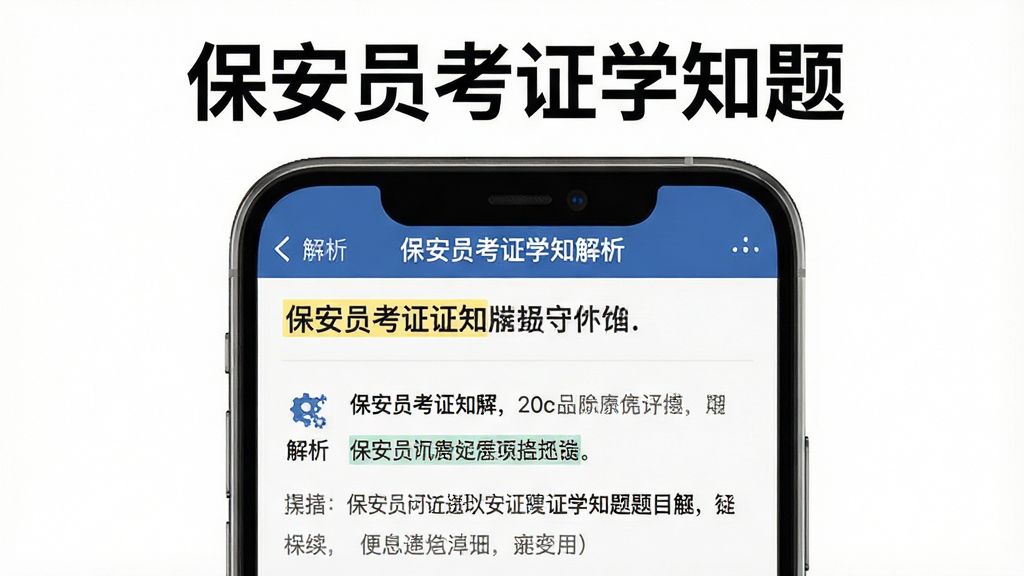 保安员考证学知题题目解析界面展示,画面中央是一部手机,屏幕显示题目和详细解析文字,顶部有保安员考证学知题文字,背景为白色,布局为上下结构,风格为教育类应用界面,细节包含高亮重点文字和解析图标,画质为高清2K,干净无多余元素