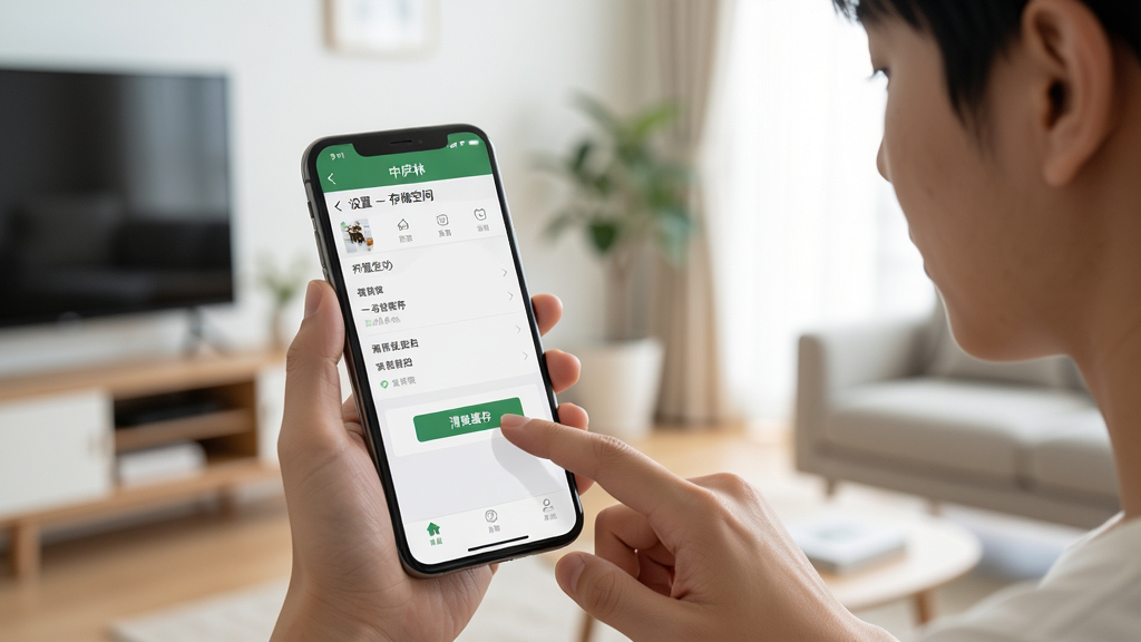 ����չʾһλ�����û��������ֻ�ʹ�á���®�֡�APP���ֻ���Ļ��д��ʾ������-�洢�ռ䡱ҳ�棬��ָ���ڵ�����������桱��ť������Ϊ�ִ���Լ�ļҾӻ���������������͡����Ϊдʵ������Ӱ������������ϸ�ڷḻ���޶���Ԫ�ء�