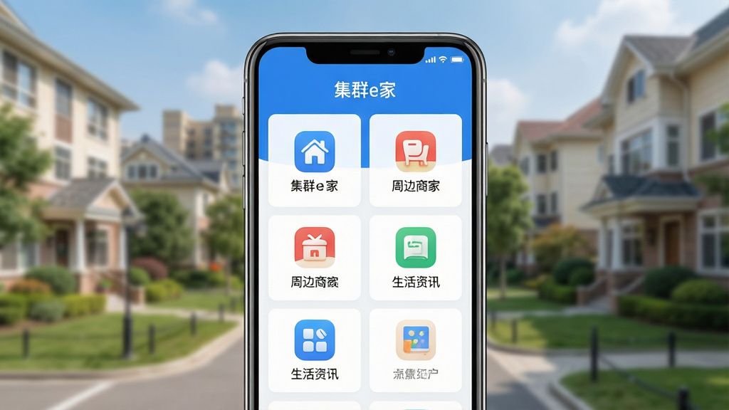一张展示手机屏幕中集群e家应用主界面的图片,画面中央是手机正视图,屏幕显示社区服务、周边商家、生活资讯等模块图标,布局清晰,蓝色与白色为主色调,风格简洁现代,背景为虚化的城市社区场景,细节包括图标文字“集群e家”,画质高清,干净,无多余元素