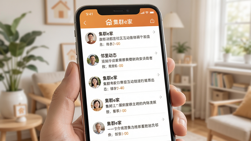 一张展示集群e家社区互动板块的图片,画面为手机屏幕中显示邻里动态列表,包含文字和头像,布局为垂直信息流,排版清晰,风格温馨社区感,细节中带有“集群e家”标识,画质高清,干净,无多余元素