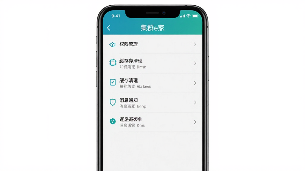 一张展示集群e家应用在手机上的设置界面截图,画面为手机屏幕显示权限管理、缓存清理、消息通知等选项,布局为列表式,排版清晰,风格简洁实用,细节中带有“集群e家”字样,画质高清,干净,无多余元素