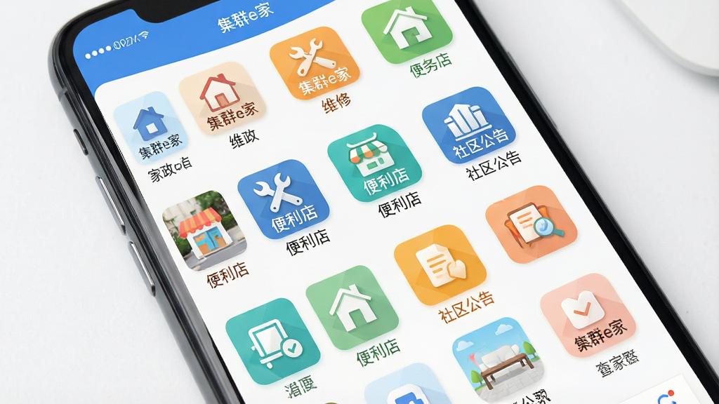 一幅展示集群e家应用内社区服务聚合页面的图片,主体为手机屏幕特写,屏幕中显示多个服务图标整齐排列,包括家政、维修、便利店、社区公告等,布局采用网格状设计,排版简洁有序,风格为扁平化现代UI,细节中图标带有“集群e家”字样,画质高清,干净,无多余元素