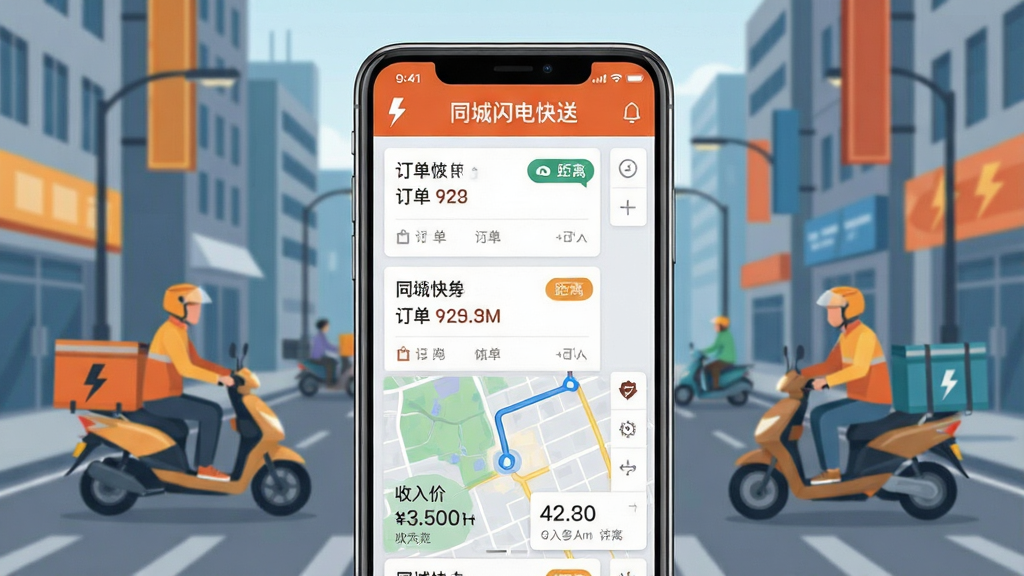 一张展示同城闪电快送手机应用主界面的图片,画面中央是一部竖屏智能手机,屏幕内显示订单列表与地图导航区域,界面顶部有“同城闪电快送”文字标识,背景为城市街道与骑手配送场景,布局采用居中构图,风格为扁平化科技感,细节包括订单卡片、距离标签、收入数字,画质清晰,干净,无多余元素