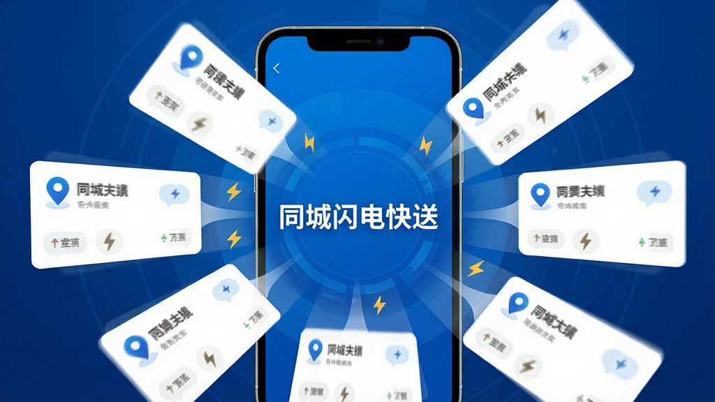 一张展示同城闪电快送智能派单功能的图片,画面主体为手机屏幕,屏幕内显示多个订单卡片从中心向外扩散的动画效果,中心位置有“同城闪电快送”文字,布局采用放射状构图,风格为现代科技蓝调,细节包括订单气泡、定位图标、闪电符号,画质清晰,干净,无多余元素
