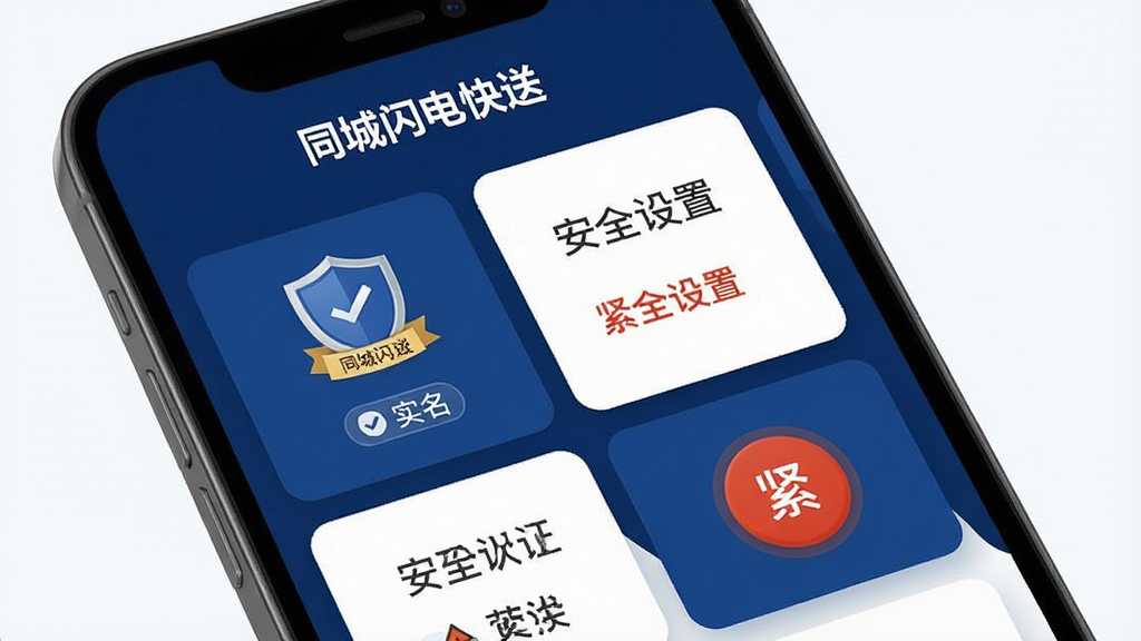 一张展示同城闪电快送骑手认证与安全中心的图片,画面为手机屏幕显示认证徽章与安全设置选项,屏幕上方有“同城闪电快送”文字,布局采用卡片式排列,风格为安全可信的深蓝色调,细节包括盾牌图标、实名标签、紧急按钮,画质清晰,干净,无多余元素