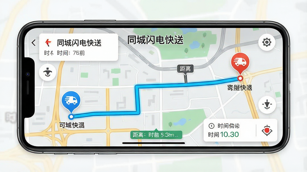 一张展示同城闪电快送实时导航界面的图片,画面为手机横屏显示地图路线,起点与终点用醒目图标标注,路线以高亮线条呈现,屏幕上方有“同城闪电快送”文字,布局采用全屏地图加悬浮信息卡,风格为写实导航风格,细节包括路况颜色、距离标签、时间预估,画质清晰,干净,无多余元素