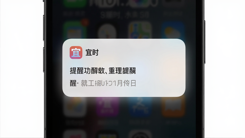 画面主体为手机锁屏界面,屏幕中央弹出宜时的提醒卡片,卡片上写有