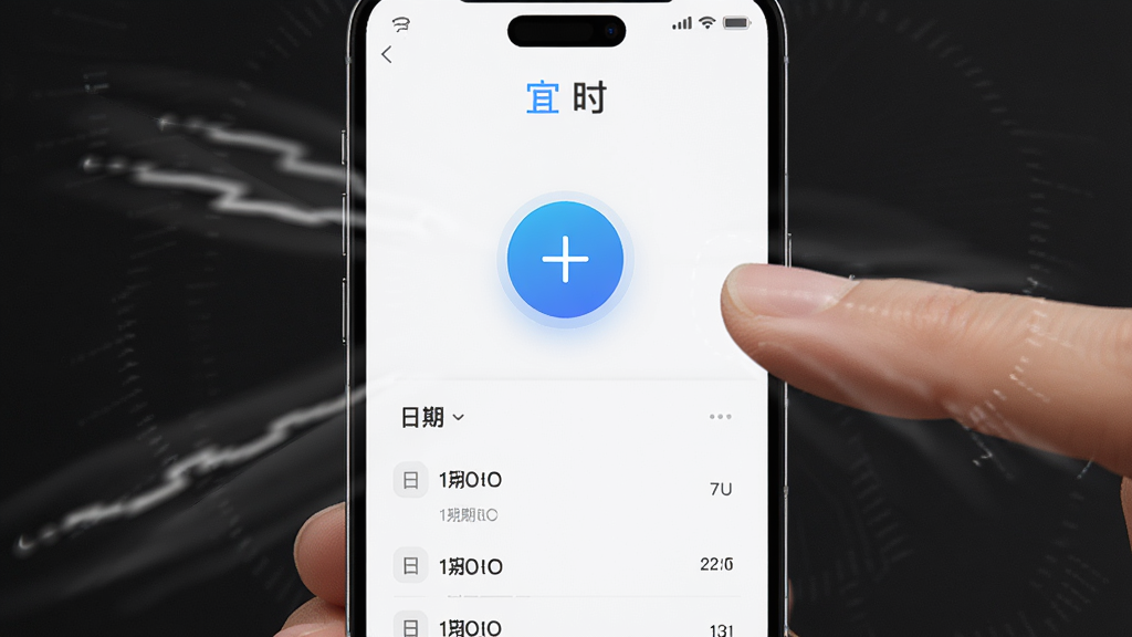 画面主体为一部手机,屏幕显示宜时应用的主界面,界面中央有一个醒目的圆形加号按钮,下方为简洁的日程列表,手机周围有手指滑动的动态线条示意,布局采用中心放射状,风格为极简主义,细节上按钮带有微渐变,画质高清,干净无多余元素