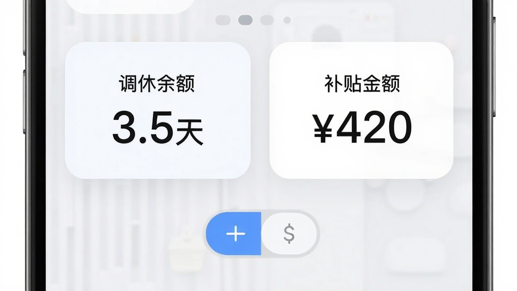 手机界面展示调休余额与补贴金额两个数据卡片并排显示,左侧显示