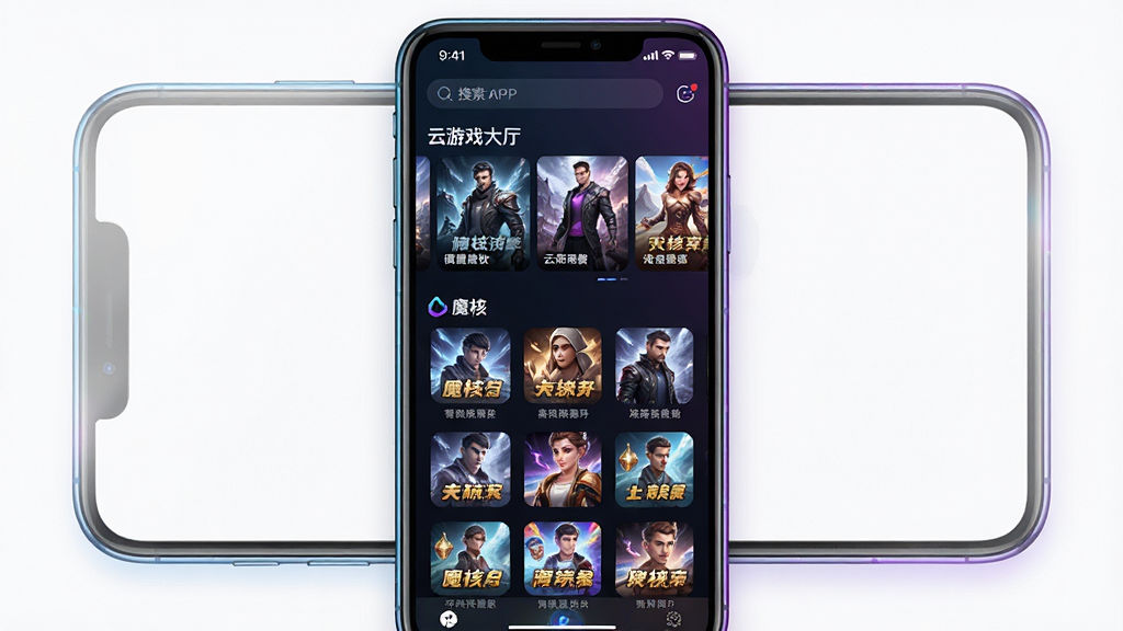一张展示魔核云游戏平台界面的手机应用截图,主体为居中放置的智能手机,屏幕内呈现魔核APP的云游戏大厅,布局包含顶部搜索栏、横向滚动的游戏推荐海报和下方网格排列的游戏图标,排版清晰整洁,风格为科技感深色主题搭配霓虹蓝紫渐变光效,细节包含手机边缘的微光反射、界面中“魔核”文字标识和几款热门游戏封面,画质为高清4K、画面干净、无多余元素