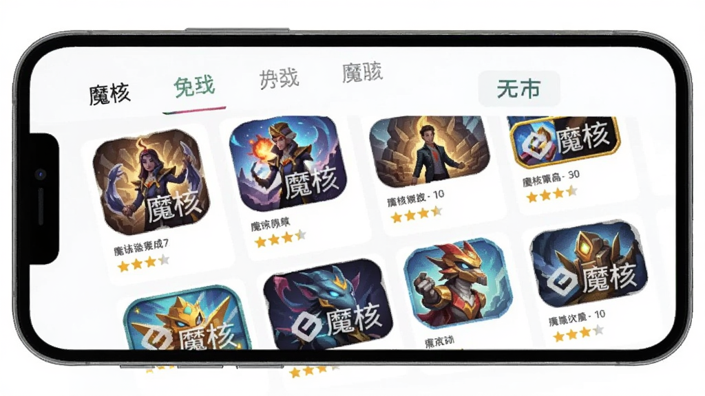 魔核应用内游戏库分类页面截图,主体为手机屏幕界面,布局为顶部标签栏和下方多行游戏卡片列表,排版整齐,风格为清新简约浅色主题,细节包含游戏封面缩略图、星级评分和“魔核”Logo水印,画质高清、干净、无多余元素