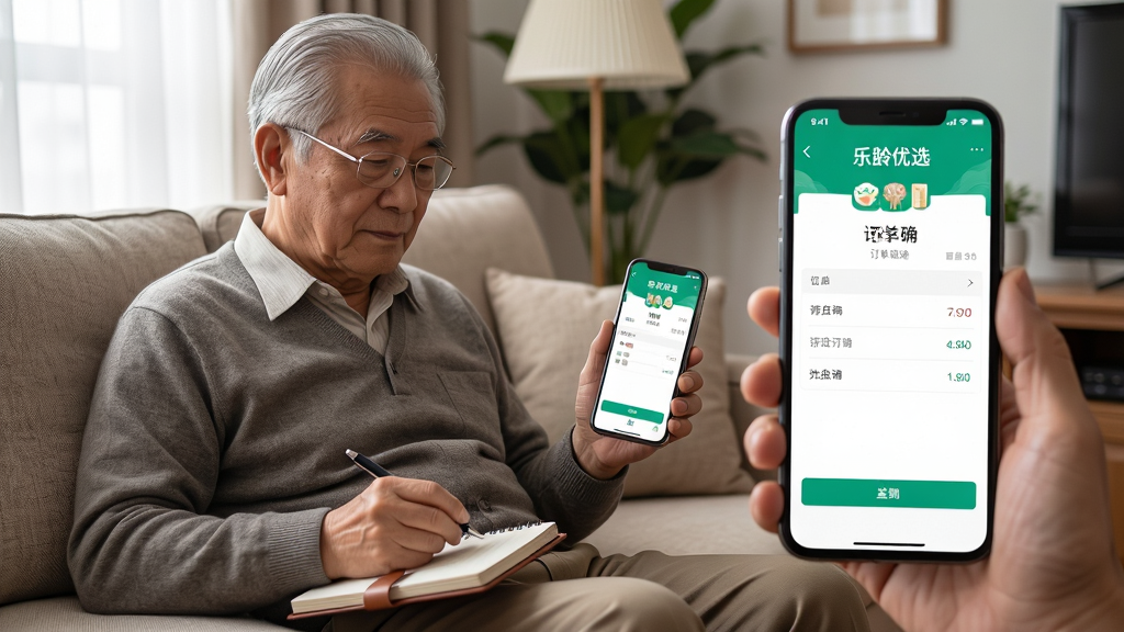 画面主体为一位老年男性坐在沙发上,手持智能手机,手机屏幕显示