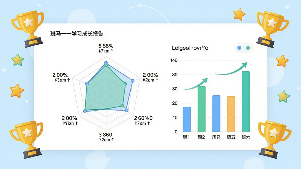 斑马一对一学习成长报告页面预览图,画面中央展示一张雷达图与柱状图组合的数据面板,周围环绕着奖杯与星星图标,布局为上下结构,风格为清新数据可视化界面,细节包含百分比数值与趋势箭头,画质高清干净,无多余元素